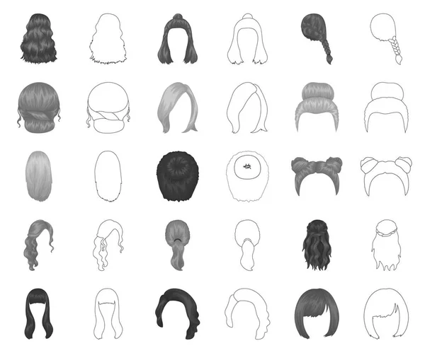Peinado femenino monocromo, esboza iconos en la colección de conjuntos para el diseño. Elegante corte de pelo vector símbolo stock web ilustración . — Archivo Imágenes Vectoriales