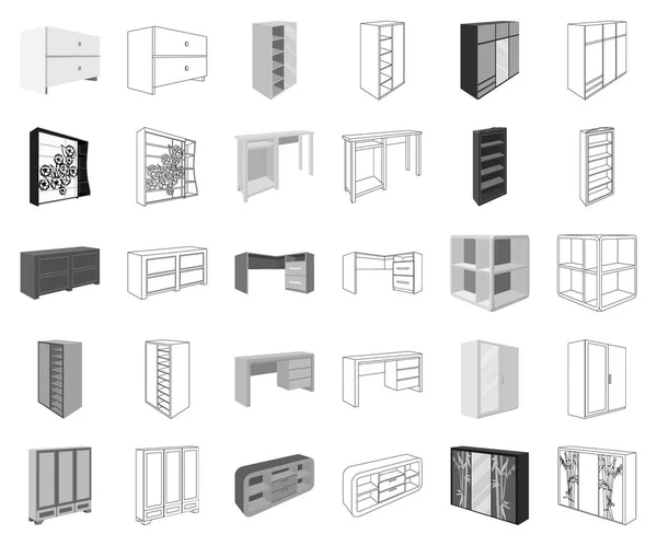 Muebles de dormitorio monocromáticos, esbozan iconos en la colección de conjuntos para el diseño. Muebles de madera modernos vector isométrico símbolo stock web ilustración . — Vector de stock