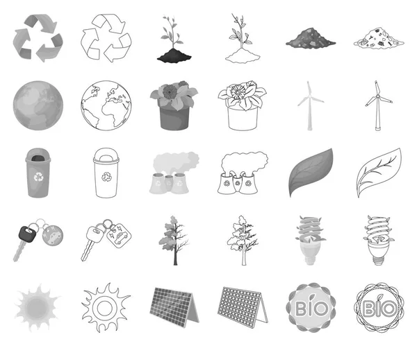 Biologia e ecologia monocromática, delinear ícones na coleção de conjuntos para design. Um produto ecologicamente puro símbolo vetorial web ilustração . —  Vetores de Stock