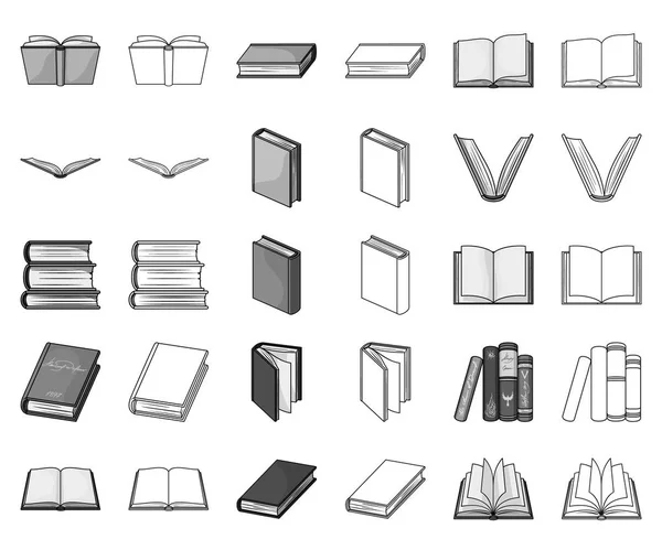 Boka i den bindande monokromt, disposition ikoner i set samling för design. Tryckta produkter vektor symbol lager web illustration. — Stock vektor