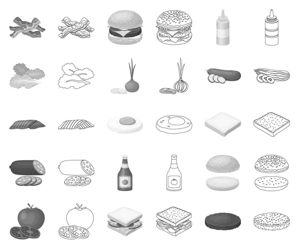 Burgare och ingredienser Monokrom, disposition ikoner i set samling för design. Burger matlagning vektor symbol lager web illustration. — Stock vektor