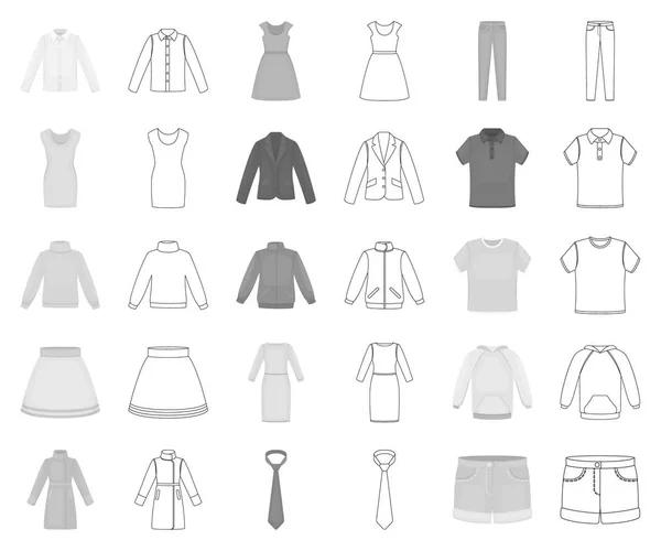 Diferentes tipos de roupas monocromáticas, ícones de contorno na coleção de conjuntos para design. Roupas e estilo vetor símbolo web ilustração . —  Vetores de Stock