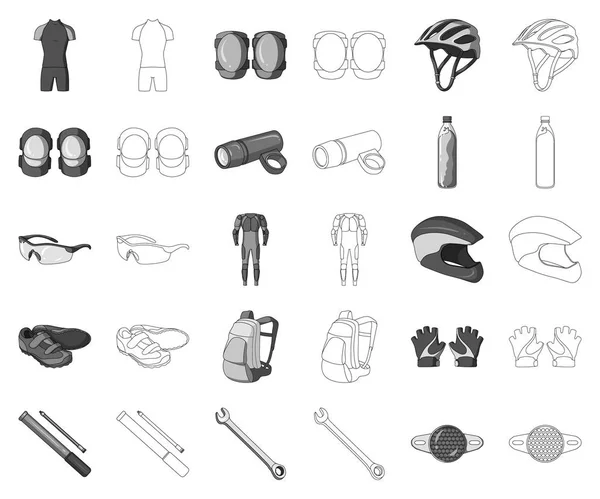 Traje de bicicleta monocromo, iconos de contorno en la colección de conjuntos para el diseño. Bicicleta y herramienta vector símbolo stock web ilustración . — Archivo Imágenes Vectoriales