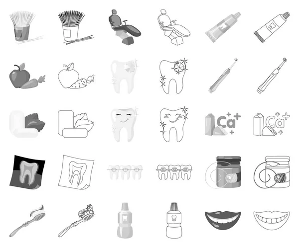 Soins dentaires monochromes, icônes de contour dans la collection ensemble pour le design. Soins des dents symbole vectoriel illustration web stock . — Image vectorielle