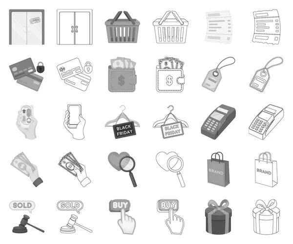 E-commerce, Achat et vente monochrome, icônes de contour dans la collection d'ensemble pour le design. Commerce et finance symbole vectoriel stock illustration web . — Image vectorielle