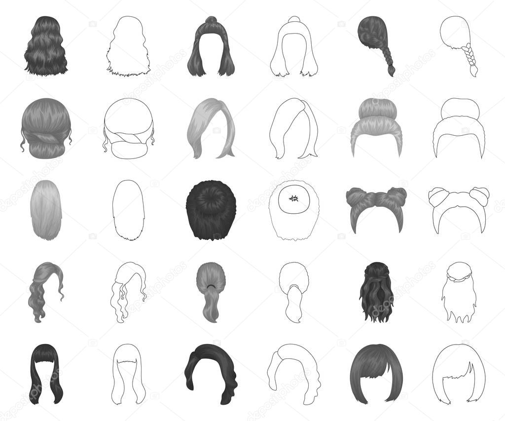 Female hairstyle monochrome,outline icons in set collection for design. Stylish haircut vector symbol stock web illustration.