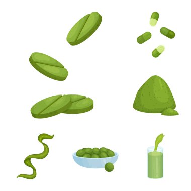 Spirulina ve deniz yosunu sembolü yalıtılmış nesne. Spirulina ve vegan hisse senedi simgesi web için kümesi.