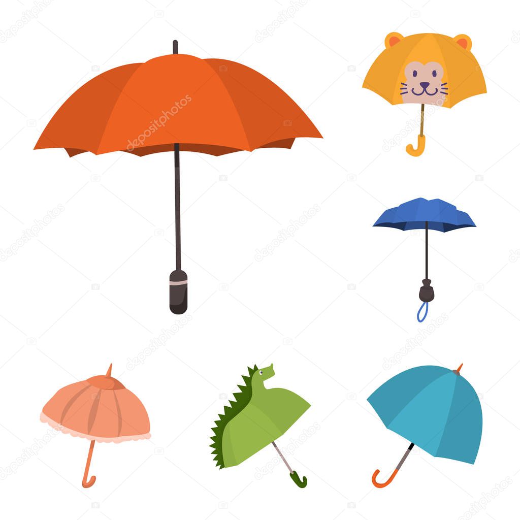 Vector illustration of umbrella and rain symbol. Set of umbrella and weather stock vector illustration.