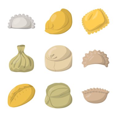 Köfte ve gıda logo vektör tasarımı. Köfte ve hisse senedi için doldurulmuş vektör simge kümesi.