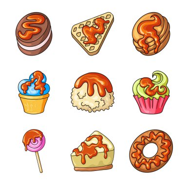 Tatlı ve tatlı işareti vektör çizimi. Tatlı kümesi ve hisse senedi için gıda vektör simgesi.