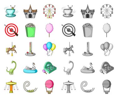 Eğlence Parkı çizgi film, set koleksiyonu tasarım için mono simgeler. Cihazları ve mekanlarına sembol stok web illüstrasyon vektör.