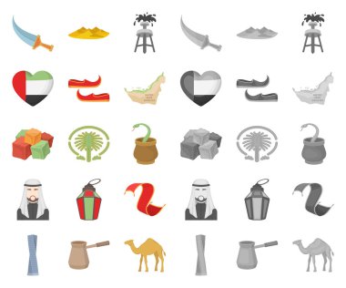 Ülke Birleşik Arap Emirlikleri çizgi film, set koleksiyonu tasarım için mono simgeler. Turizm ve cazibe simge stok web illüstrasyon vektör.