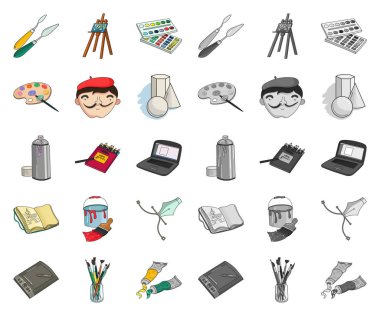 Ressam ve çizim karikatür, set koleksiyonu tasarım için mono simgeler. Sanatsal aksesuarları sembol stok web illüstrasyon vektör.