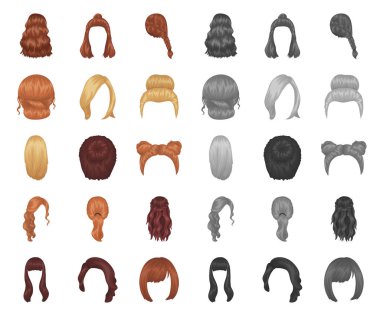 Kadın saç modeli çizgi film, set koleksiyonu tasarım için mono simgeler. Şık saç kesimi vektör simge stok web çizimi.