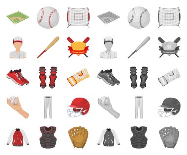 Beyzbol ve öznitelikleri karikatür, set koleksiyonu tasarım için mono simgeler. Sembol stok web illüstrasyon vektör beyzbol oyuncusu ve ekipman.