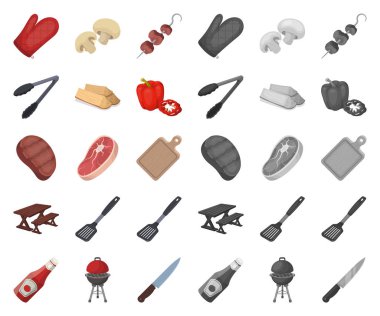 Barbekü ve ekipman çizgi film, mono simgeler toplama tasarımı için ayarlayın. Piknik ve kızartmaları sembol stok web illüstrasyon vektör.