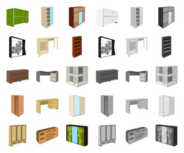 Yatak Odası Mobilya çizgi film, set koleksiyonu tasarım için mono simgeler. Modern ahşap mobilya izometrik vektör simge stok web çizimi.