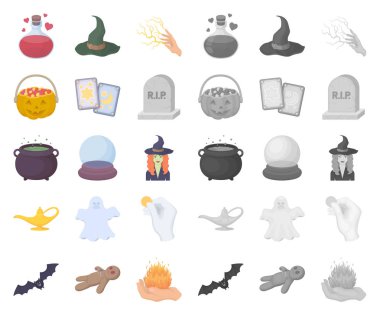 çizgi film, mono ve white magic karikatür, set koleksiyonu tasarım için mono simgeler. Sembol stok web illüstrasyon vektör öznitelikleri ve büyücü aksesuarları.