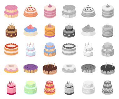 Pasta ve tatlı çizgi film, mono simgeler toplama tasarımı için ayarlayın. Tatil kek vektör simge stok web çizim.