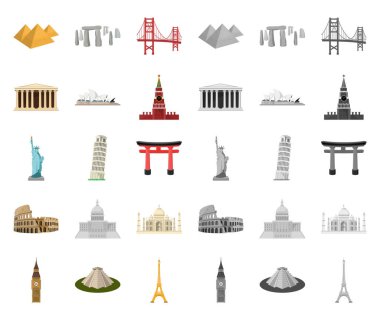 Farklı ülkelerin sights set koleksiyonu tasarım için simgeleri karikatür. Ünlü bina sembol stok web illüstrasyon vektör.