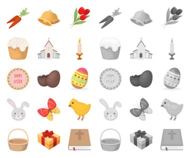 Paskalya bir Hıristiyan tatil çizgi film, set koleksiyonu tasarım için mono simgeleri olduğunu. Paskalya öznitelikleri sembol stok web illüstrasyon vektör.