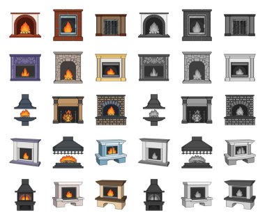 Şömine çeşitleri karikatür, set koleksiyonu tasarım için mono simgeler. Şömineler inşaat vektör simge stok web çizimi.