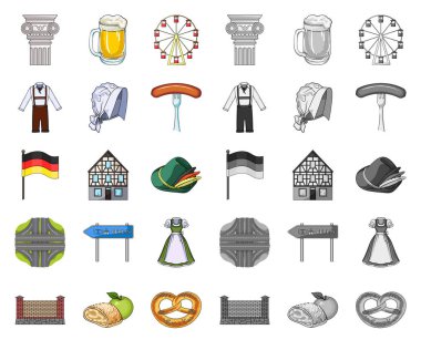 Ülke Almanya çizgi film, mono simgeler toplama tasarımı için ayarlayın. Almanya ve dönüm noktası sembol stok web illüstrasyon vektör.
