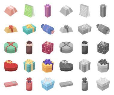 Çizgi film, hediye ve ambalaj içinde mono simgeler toplama tasarımı için ayarlayın. Renkli ambalaj sembol stok web illüstrasyon vektör.