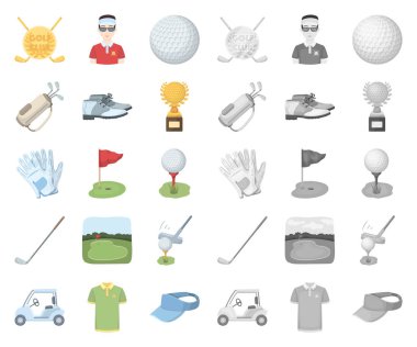 Golf ve öznitelikleri karikatür, set koleksiyonu tasarım için mono simgeler. Golf Kulübü ve ekipman sembol stok web illüstrasyon vektör.