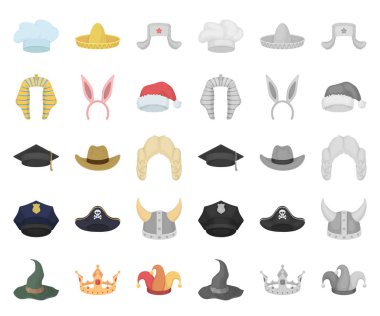Şapka çeşitleri karikatür, set koleksiyonu tasarım için mono simgeler. Headdress vektör simge stok web çizimi.
