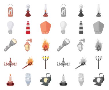 Işık kaynağı çizgi film, set koleksiyonu tasarım için mono simgeler. Işık ve ekipman sembol stok web illüstrasyon vektör.