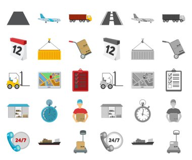 Lojistik-set koleksiyonu tasarım için mono simgeleri çizgi film, servis. Lojistik ve ekipman sembol stok web illüstrasyon vektör.