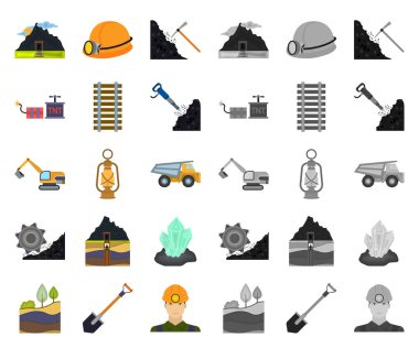 Mono simgeler toplama tasarımı için set madencilik sanayi karikatür. Cihazlar ve sembol stok web illüstrasyon vektör.