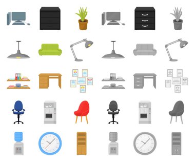 İç çalışma alanı karikatür, set koleksiyonu tasarım için mono simgeler. Ofis mobilya vektör simge stok web çizim.