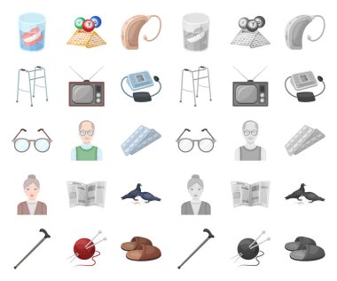 İnsan yaşlılık çizgi film, set koleksiyonu tasarım için mono simgeler. Emekli, hayat vektör simge stok web resimde nokta.