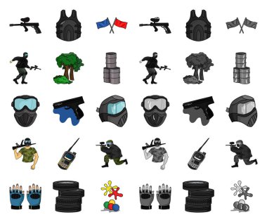 Paintball, takım oyunu çizgi film, set koleksiyonu tasarım için mono simgeler. Ekipman ve kıyafet sembol stok web illüstrasyon vektör.