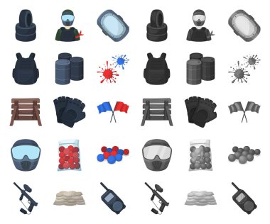 Paintball, takım oyunu çizgi film, set koleksiyonu tasarım için mono simgeler. Ekipman ve kıyafet sembol stok web illüstrasyon vektör.