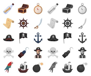 Korsan, deniz hırsız çizgi film, set koleksiyonu tasarım için mono simgeler. Hazineler, öznitelikleri sembol stok web illüstrasyon vektör.