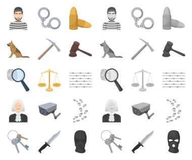 Hapishane ve ceza karikatür set koleksiyonu tasarım için mono simgeler. Hapishane ve öznitelikleri sembol stok web illüstrasyon vektör.