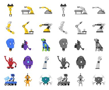 Robot ve fabrika simge vektör Illustration. Web için robot ve uzay hisse senedi simgesi kümesi.