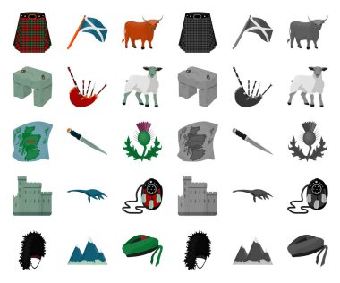 Ülke İskoçya çizgi film, mono simgeler toplama tasarımı için ayarlayın. Gezi, kültür ve gelenek sembol stok web illüstrasyon vektör.