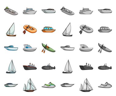 Su ve deniz taşıma karikatür, set koleksiyonu tasarım için mono simgeler. Tekneler ve gemiler çeşitli sembol stok web illüstrasyon vektör.