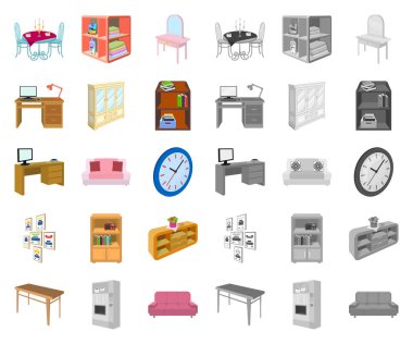 Mobilya ve iç çizgi film, set koleksiyonu tasarım için mono simgeler. Ev mobilyası izometrik sembol stok web illüstrasyon vektör.