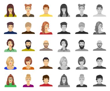 Avatar ve yüz çizgi film, mono simgeler toplama tasarımı için ayarlayın. Bir kişi görünümü vektör simge stok web çizim.