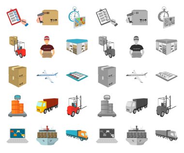 Lojistik ve teslim çizgi film, mono simgeler toplama tasarımı için ayarlayın. Taşıtlar ve donatımı izometrik vektör simge stok web çizim.