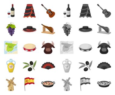 İspanya ülke çizgi film, mono simgeler toplama tasarımı için ayarlayın. Sembol stok web illüstrasyon vektör seyahat ve konumlar.