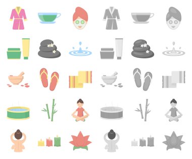 Spa salonu ve ekipmanları çizgi film, mono simgeler toplama tasarımı için ayarlayın. Rahatlama ve dinlenme sembol stok web illüstrasyon vektör.