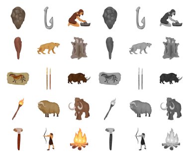 Taş Devri çizgi film, set koleksiyonu tasarım için mono simgeleri hayatta. Eski insanlar sembol stok web illüstrasyon vektör.