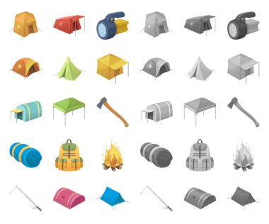 Çadır çeşitleri karikatür, set koleksiyonu tasarım için mono simgeler. Resimde web geçici barınak ve vektör simge stok konut.