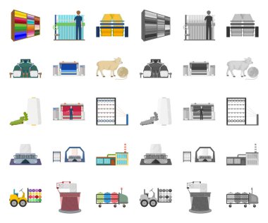 Tekstil Sanayi çizgi film, set koleksiyonu tasarım için mono simgeler. Sembol stok web illüstrasyon vektör Tekstil ekipman ve kumaşlar.